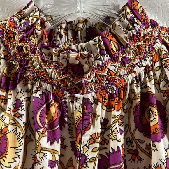 Figue Halima Sz L 100% Cotton Floral Smocked Neckline Tiered Lined Boho Dress - Picture 7 of 16